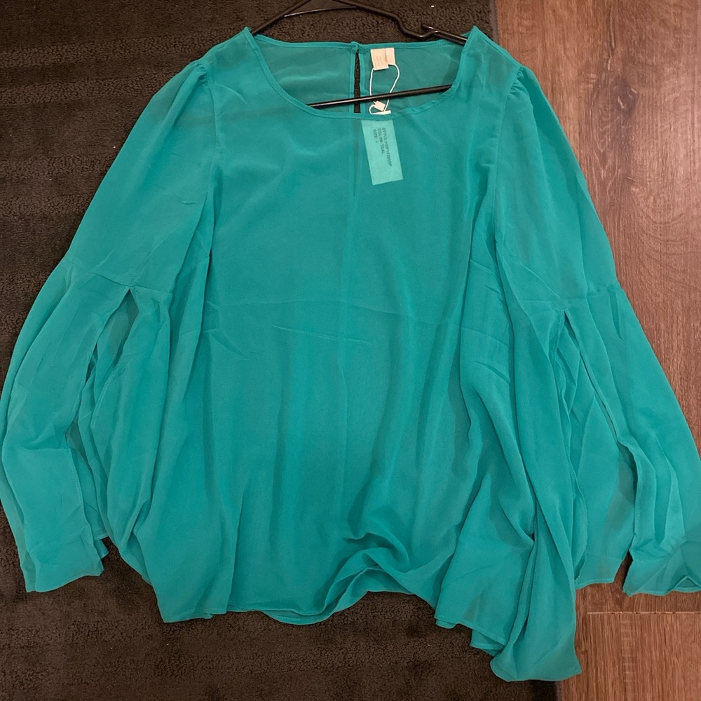 H&M Teal Sheer Long-Sleeve Flowing Blouse